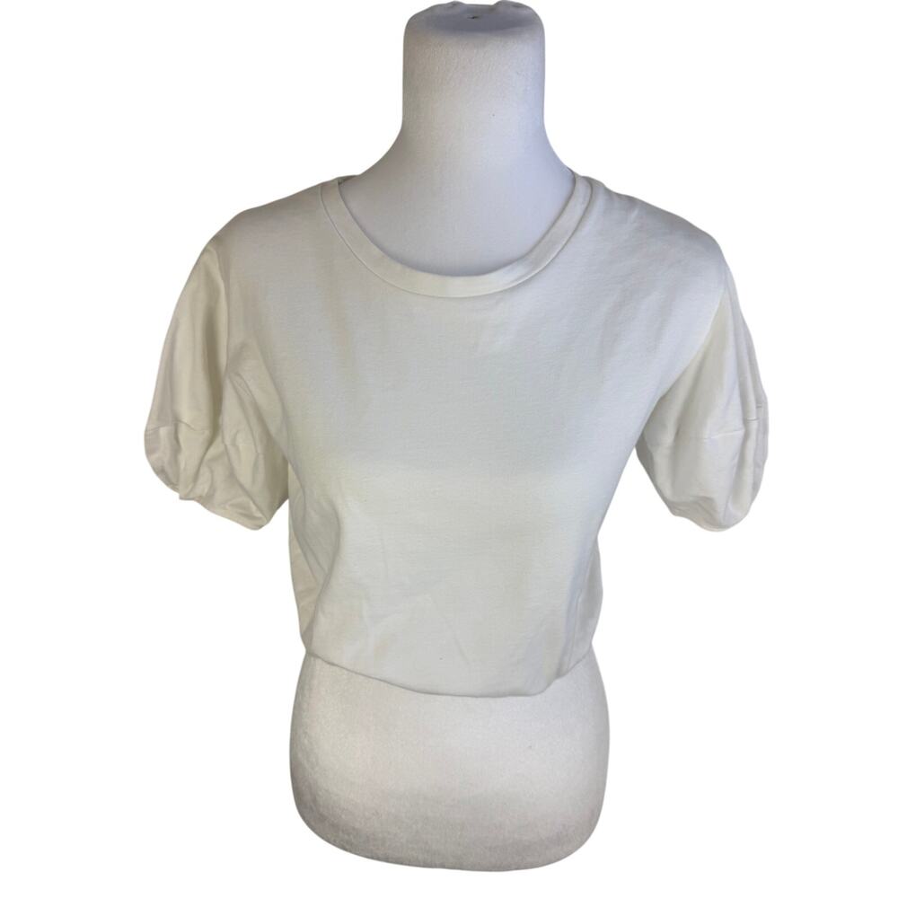 Zara Womens Short Puff Sleeve Minimalist Elastic Cropped Blouse Top White Small